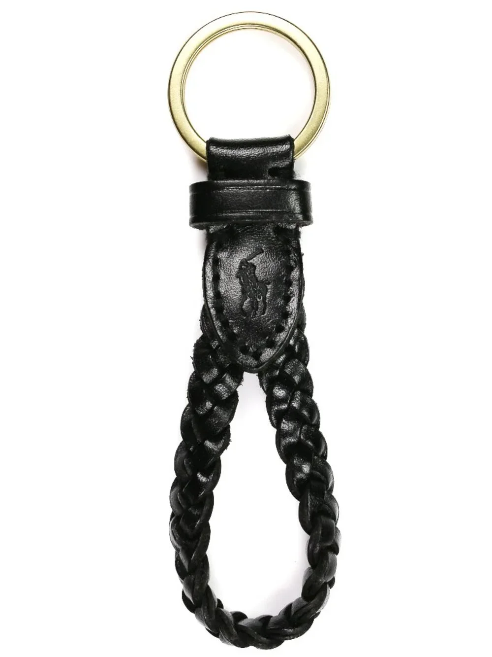 NWT Polo Ralph Lauren Braided Black Leather Keychain Key Fob Gold Tone